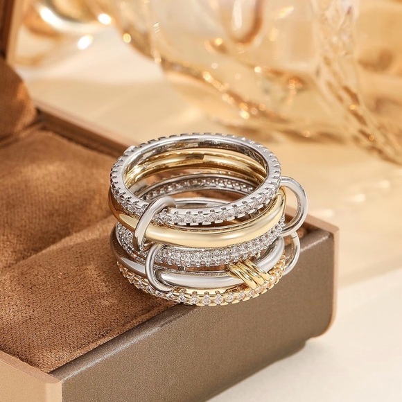 Silver Gold Diamond Stackable Multi Ring Set of 5 Rings • Statement • Fidget Lux - Picture 4 of 4